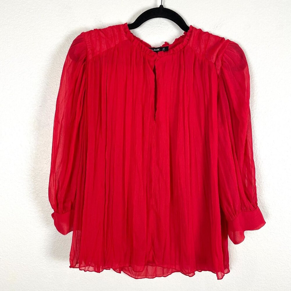 Zara‎ Womens XS Red Chiffon Pleated Blouse 3/4 Sleeve Shirt Top - Picture 6 of 14